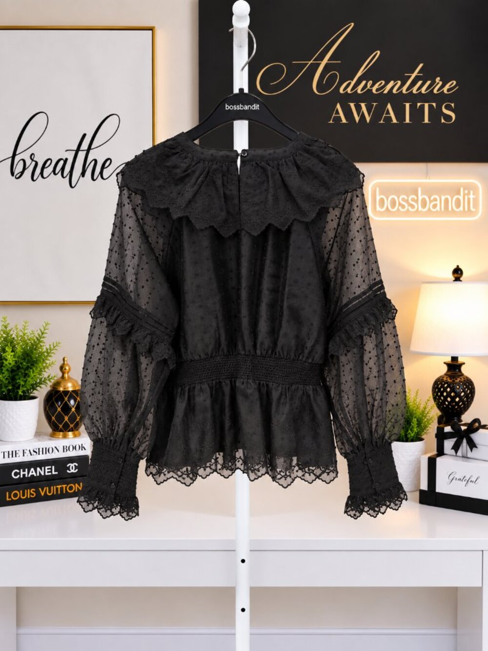 TOPSHOP Black Dobby Satin Shirred Waist Ruffle Sleeve Blouse US 10 NWOT - Picture 4 of 7